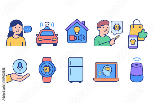 Smart home, ai flat icon set. Automation, artificial intelligence symbols collection