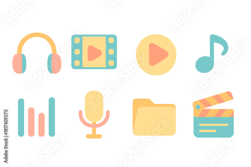 Multimedia, entertainment neon icon set. Music, video, podcast icons glowing collection