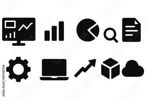Business, finance filled icon set. Charts, analytics, tools visual collection.