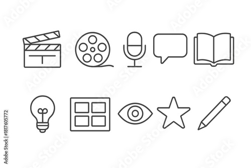Media and entertainment line icons. Film, music, literature outline icon set collection