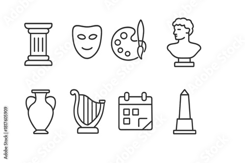 Art and culture linear icon set. Classical, creative, heritage outline icons pack