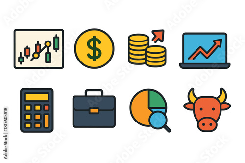 Finance and business icon set. Flat style with charts, coins, and investment graphics