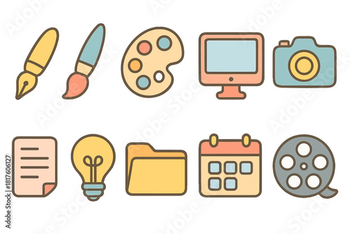 Creative hobbies outline icon set. Art, music, photography, craft icons outline collection