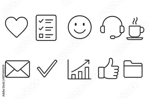 Essential office linear icon set. Work, communication, productivity line icons collection.