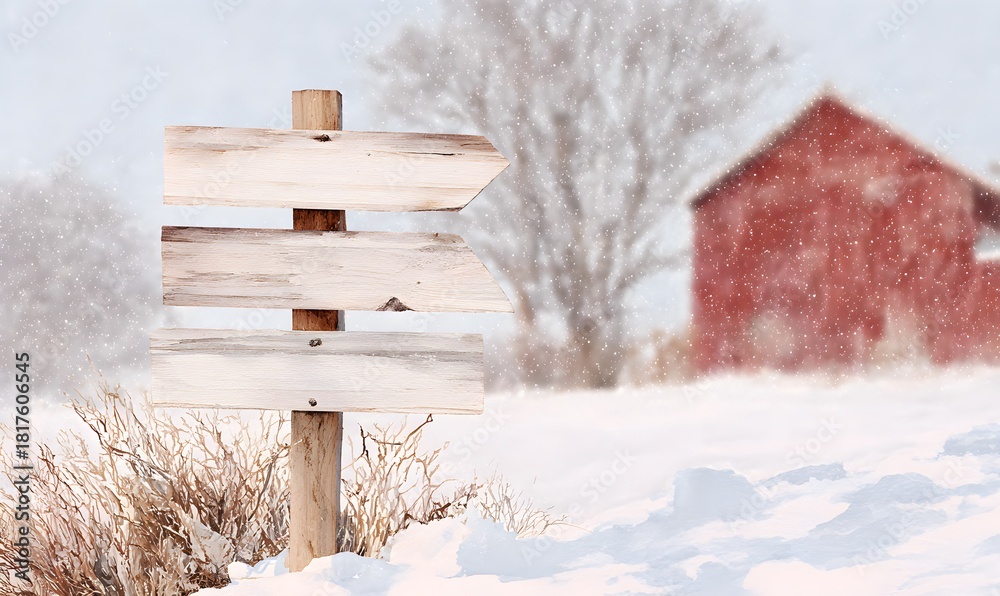 Fototapeta premium Rustic winter signpost, watercolor scene, four weathered wooden arrow signs stacked vertically on a single post, each plank blank for custom family names