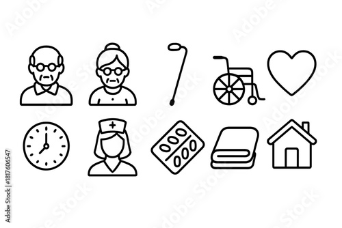 Elderly care and health linear icon set for medical and homecare services