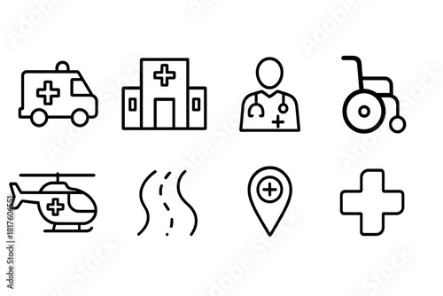 Healthcare, medical line icon set. Hospital, doctor, ambulance linear icons collection
