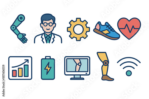 Health, technology line icon set. Fitness, innovation, medical icons in linear style