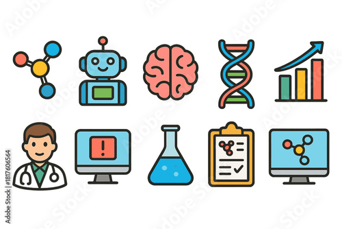 Science and technology flat icon set. Innovation, research icons flat collection