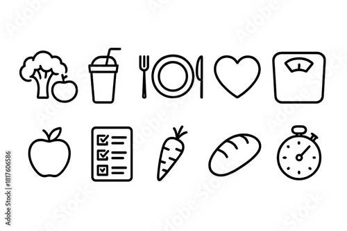 Healthy lifestyle outline icon set. Nutrition, fitness, wellness icons outline style