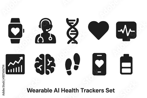 Wearable ai health trackers icon set. Silhouette technology, monitoring icon collection.