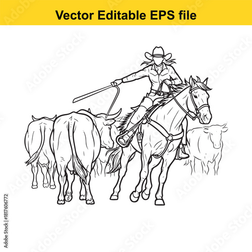 Cowgirl on horseback herding cattle, western ranch life, illustration, line art, vector