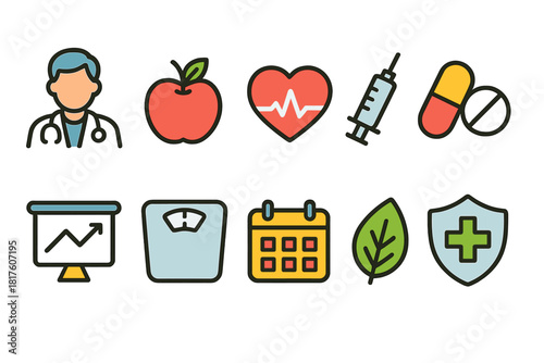 Healthcare and fitness icon set: flat icons for well-being and medical needs