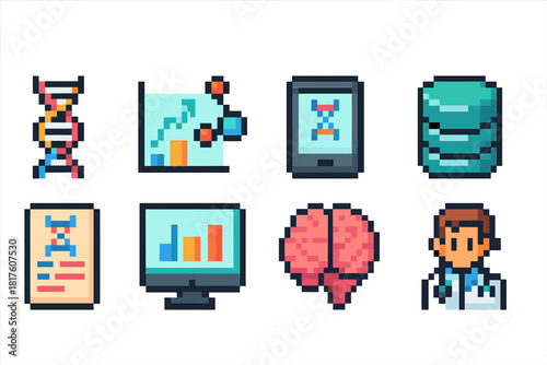 Genetics, science pixel icon set. Biotech laboratory icons in pixel art style