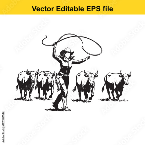 Cowgirl with lasso and cattle on, vector illustration