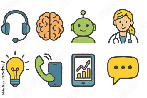 Customer service and technology icon set. Colorful hand-drawn style communication icons.
