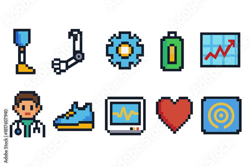 Pixel art medical and technology icon set. Healthcare, gadget icons in pixel style