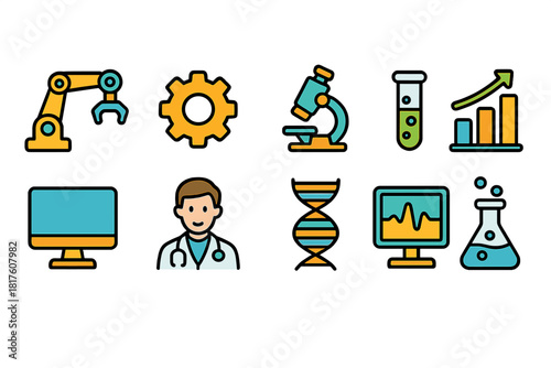 Healthcare and technology icon set. Flat medical, laboratory and tech icons collection