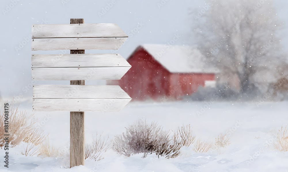 Naklejka premium Rustic winter signpost, watercolor scene, four weathered wooden arrow signs stacked vertically on a single post, each plank blank for custom family names
