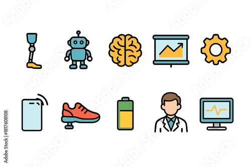 Technology and health line icon set. Innovation, medicine, ai, fitness, charts collection