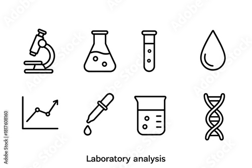 Laboratory analysis line icon set. Scientific equipment, lab tools outline icons collection