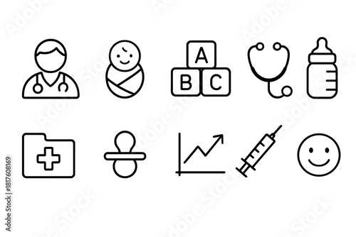 Healthcare and baby outline icon set. Medical and infant care icons in linear style