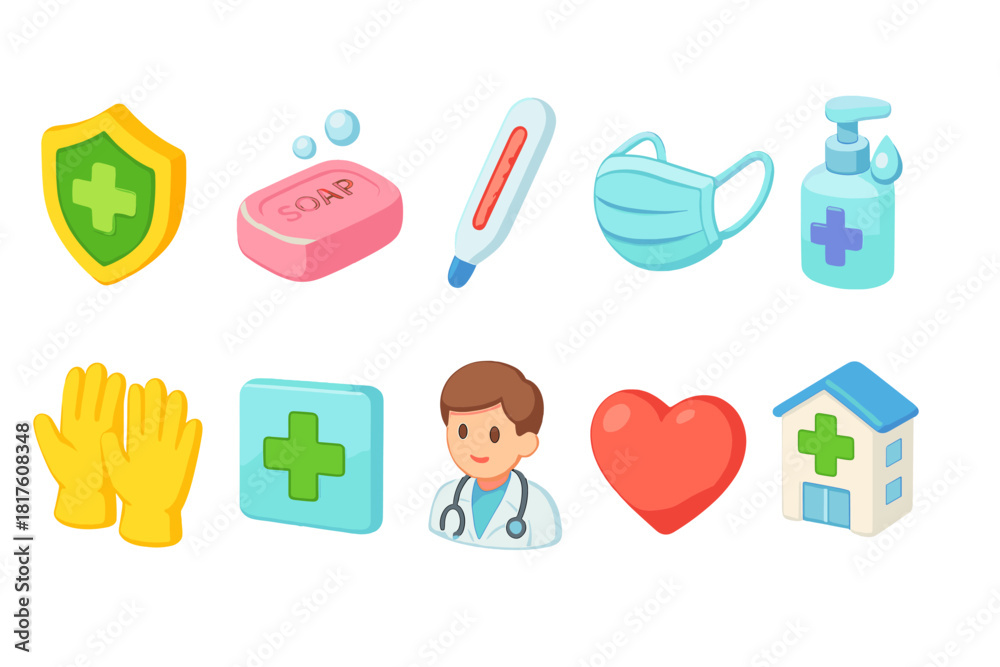 Fototapeta premium Healthcare and medical icon set. 3D health symbols, doctor, mask, and sanitizer collection