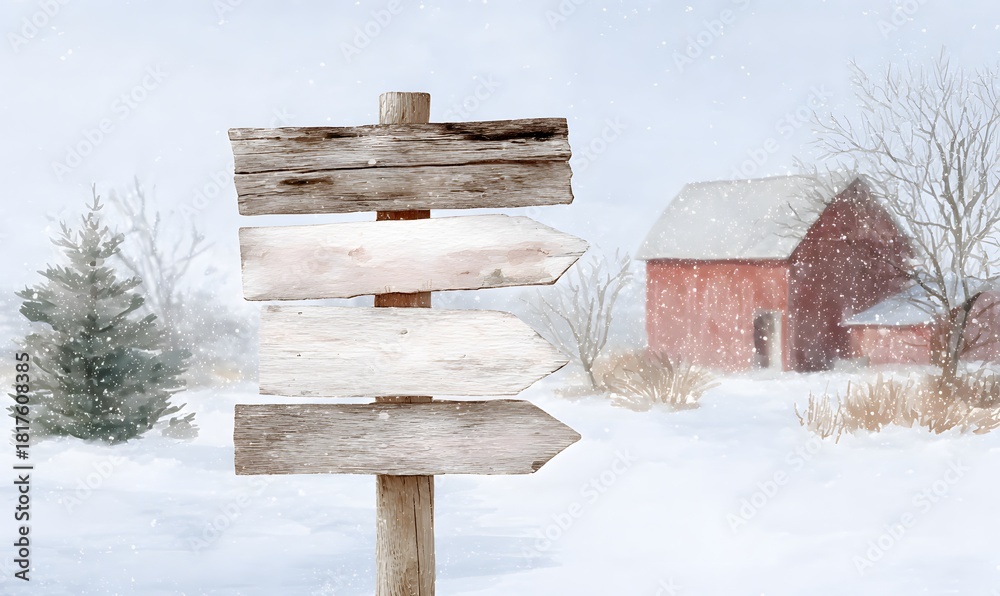 Naklejka premium Rustic winter signpost, watercolor scene, four weathered wooden arrow signs stacked vertically on a single post, each plank blank for custom family names