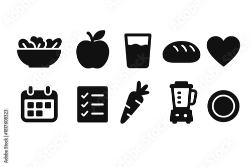 Healthy food solid icon set. Nutrition, diet, meal prep icons collection