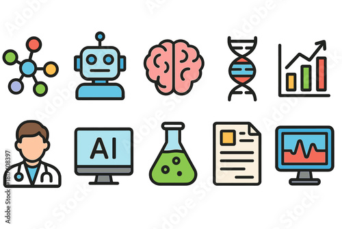 Science and technology flat icon set. Innovation, ai, and research icons
