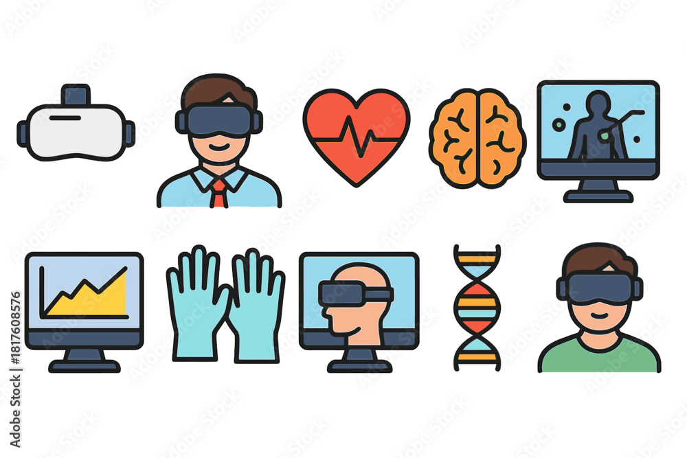 Fototapeta premium Virtual reality, healthcare flat icon set. Medical, technology, vr icons collection
