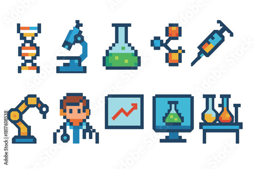 Science and technology icon set. Futuristic lab, research, pixel art style icons