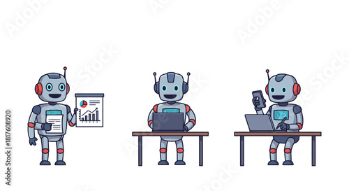 Ai automation robots analyzing data working at desks with laptops and smartphones streamlining tasks  improving efficiency for tech blogs