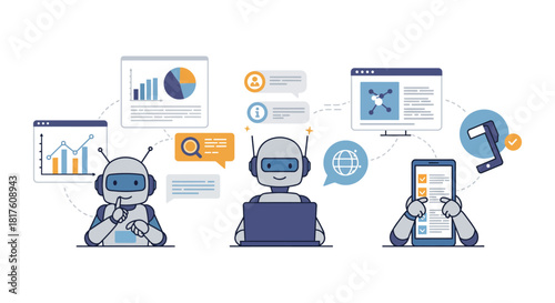 ai chatbot analysis robots processing data providing customer support  managing tasks online ideal for tech blogs  automation solution ads
