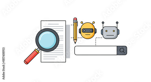 ai content analysis a magnifying glass examines content with ai bots  a search bar offering insights for effective online searching  strategy.