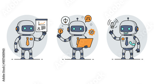 ai assistant robots presenting business data brainstorming ideas  answering client calls concept for automated marketing solution