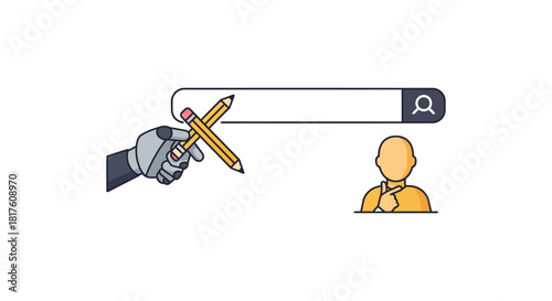 ai content creation a robot arm holding pencils edits search query with a thinking person representing artificial intelligence generating search results.