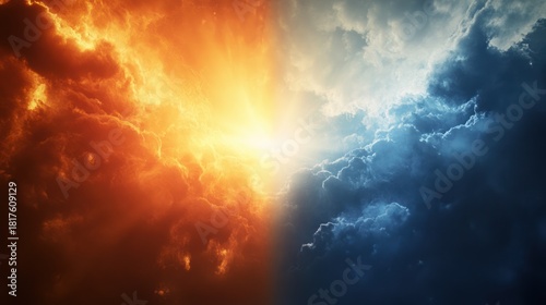 a celestial divide of elemental opposites, where fire meets ice in a mesmerizing display of nature's contrasting power and stunning beauty
