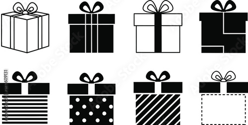 Collection of gift boxes with bows in black and white line art