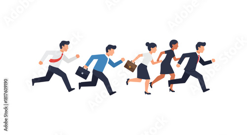 Business people running in a hurry with briefcases symbolizing competition deadlines and career advancement perfect for illustrating time management and success.