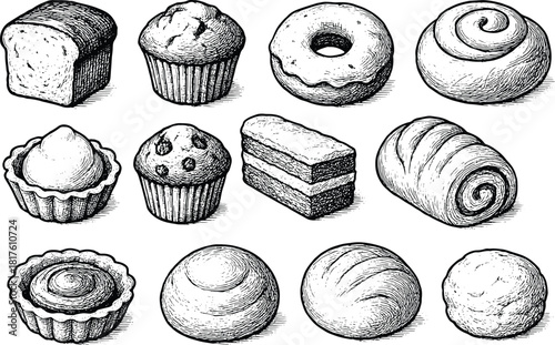 Hand-drawn bakery collection featuring muffins, donuts, cake slices, swirl rolls, loaf bread, tarts and soft buns in vintage sketch style