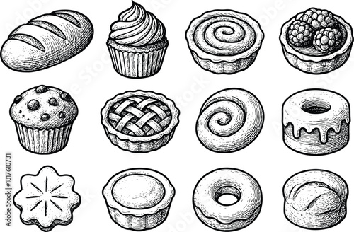 Hand-drawn bakery dessert set featuring bread loaf, tarts, muffins, swirl buns, donuts, cookies and assorted sweet pastries