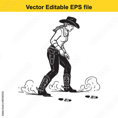 Cowgirl walking in the dust, isolated on