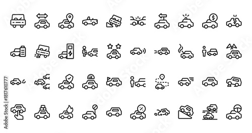 40 set of outline web car icons such as car, car crash, vector thin icons for report, presentation, diagram, web design, mobile app