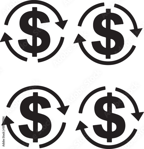 Four black dollar sign currency exchange circular arrow icons on white money finance