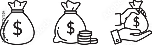 Money Bag and Coin Icons With Hands dollar stack