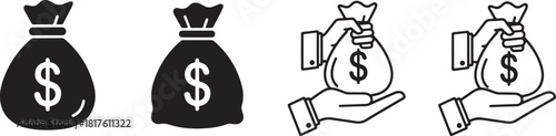 Money Bag Icons and Hands Holding Money Bags sack currency