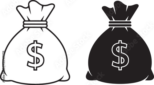 Outline and Filled Money Bag Icons With Dollar Signs currency