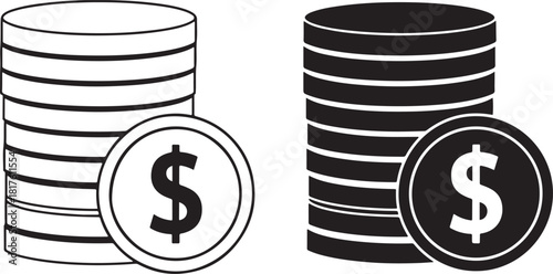 Two Stacks of Coins with Dollar Sign One Filled One Outline money currency