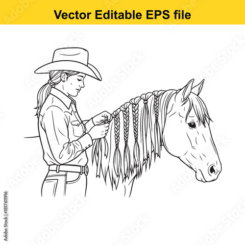 Cowgirl braiding the mane of a horse, vector illustration